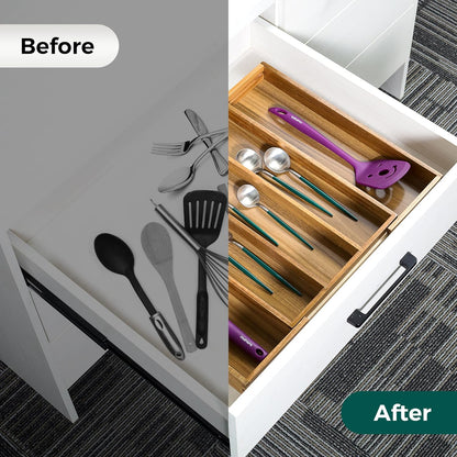 Bamboo Expandable Kitchen Drawer Organizer Silverware Utensil Tray