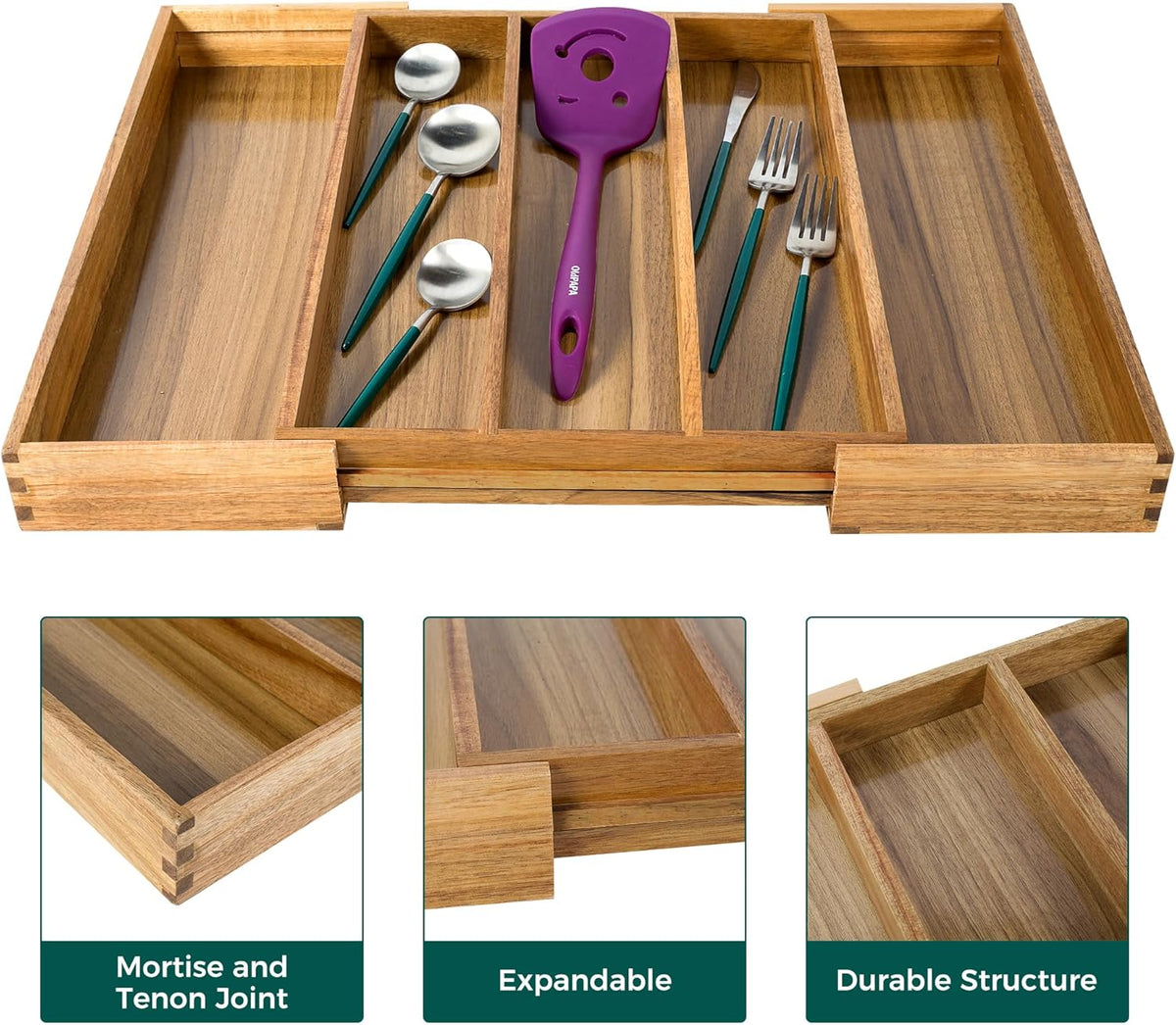 Bamboo Expandable Kitchen Drawer Organizer Silverware Utensil Tray