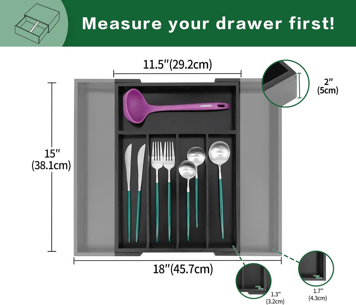 Bamboo Expandable Kitchen Drawer Organizer Silverware Utensil Tray