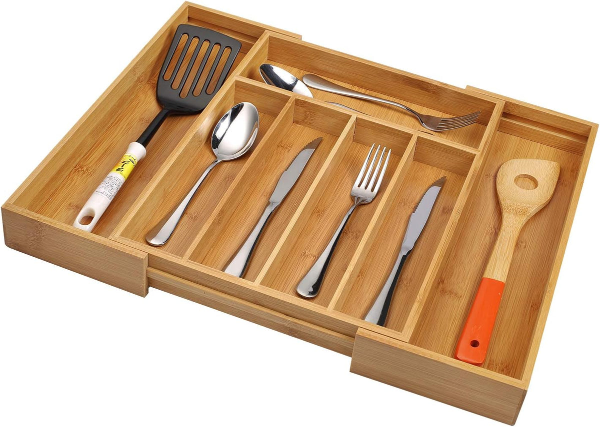 Bamboo Expandable Kitchen Drawer Organizer Silverware Utensil Tray