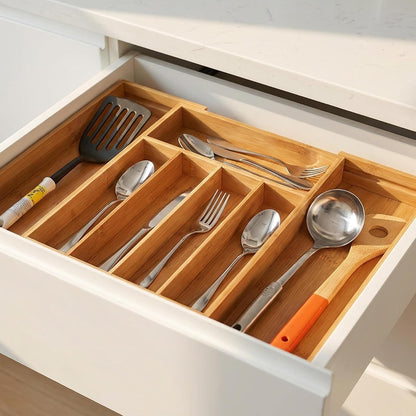 Bamboo Expandable Kitchen Drawer Organizer Silverware Utensil Tray