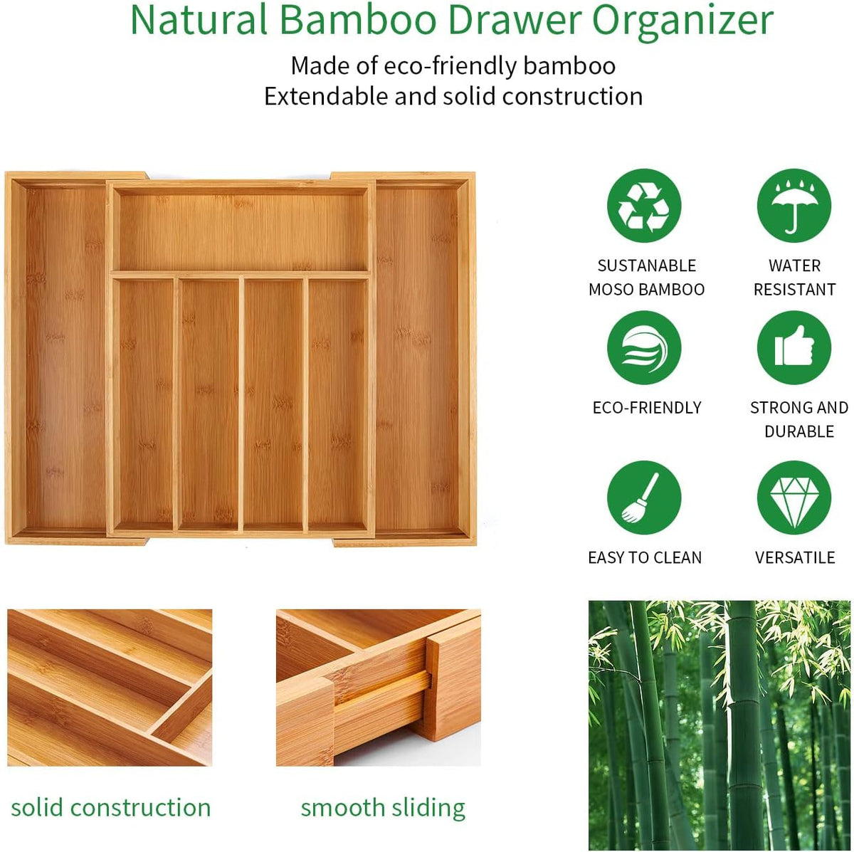 Bamboo Expandable Kitchen Drawer Organizer Silverware Utensil Tray