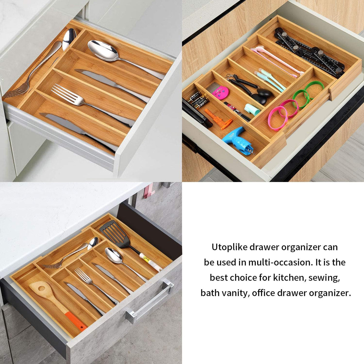 Bamboo Expandable Kitchen Drawer Organizer Silverware Utensil Tray