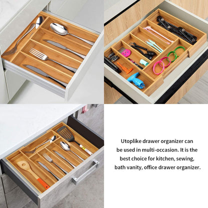 Bamboo Expandable Kitchen Drawer Organizer Silverware Utensil Tray