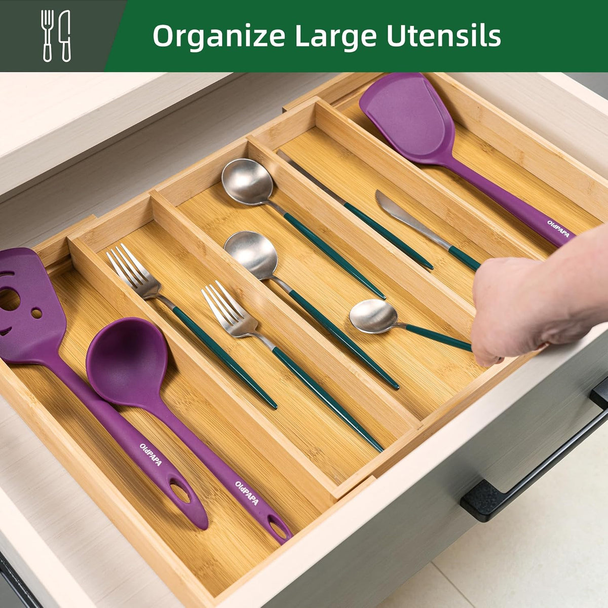 Bamboo Expandable Kitchen Drawer Organizer Silverware Utensil Tray