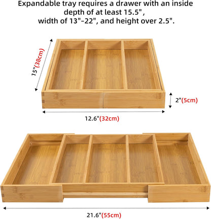 Bamboo Expandable Kitchen Drawer Organizer Silverware Utensil Tray