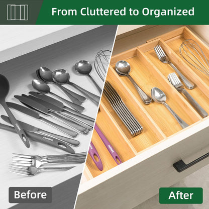 Bamboo Expandable Kitchen Drawer Organizer Silverware Utensil Tray