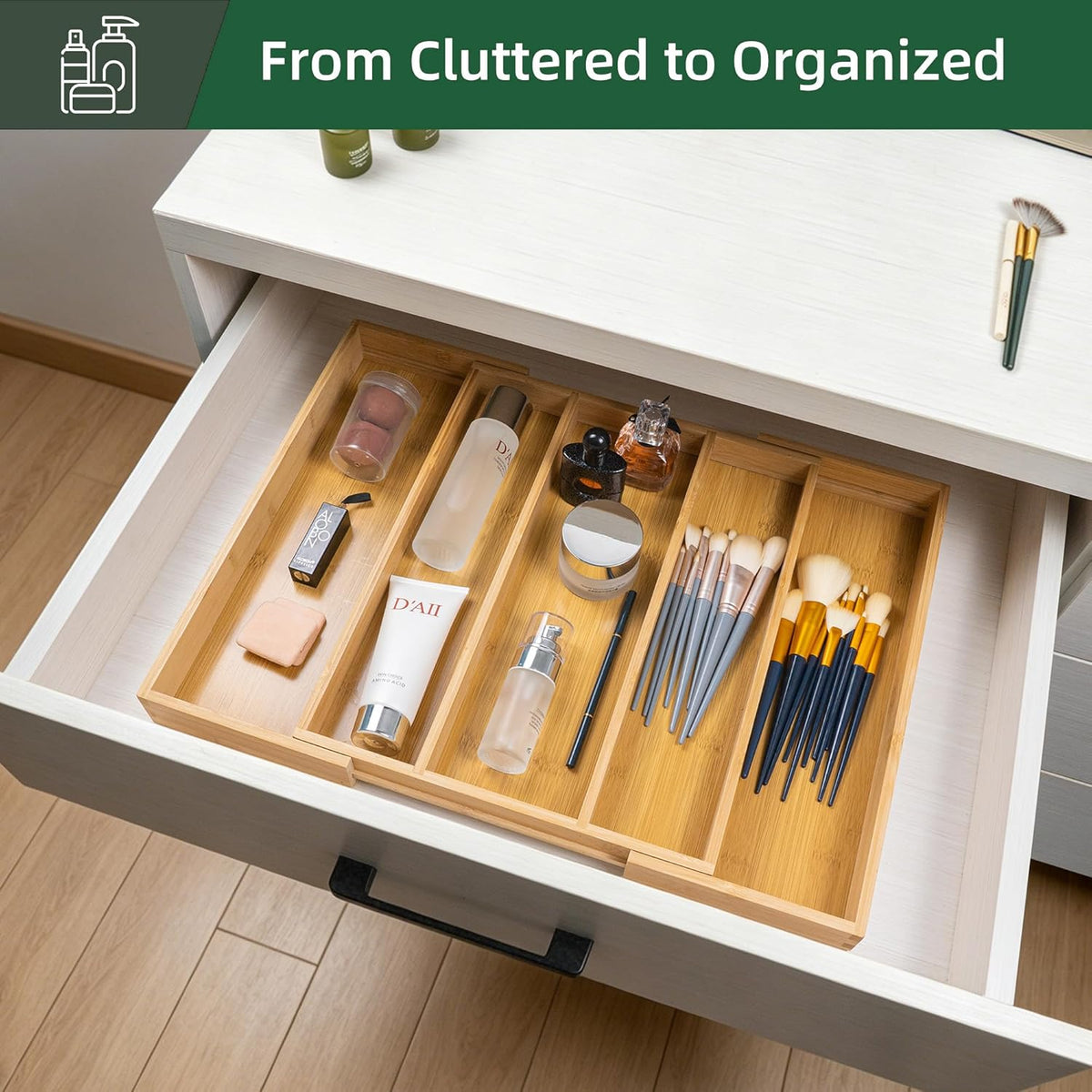 Bamboo Expandable Kitchen Drawer Organizer Silverware Utensil Tray