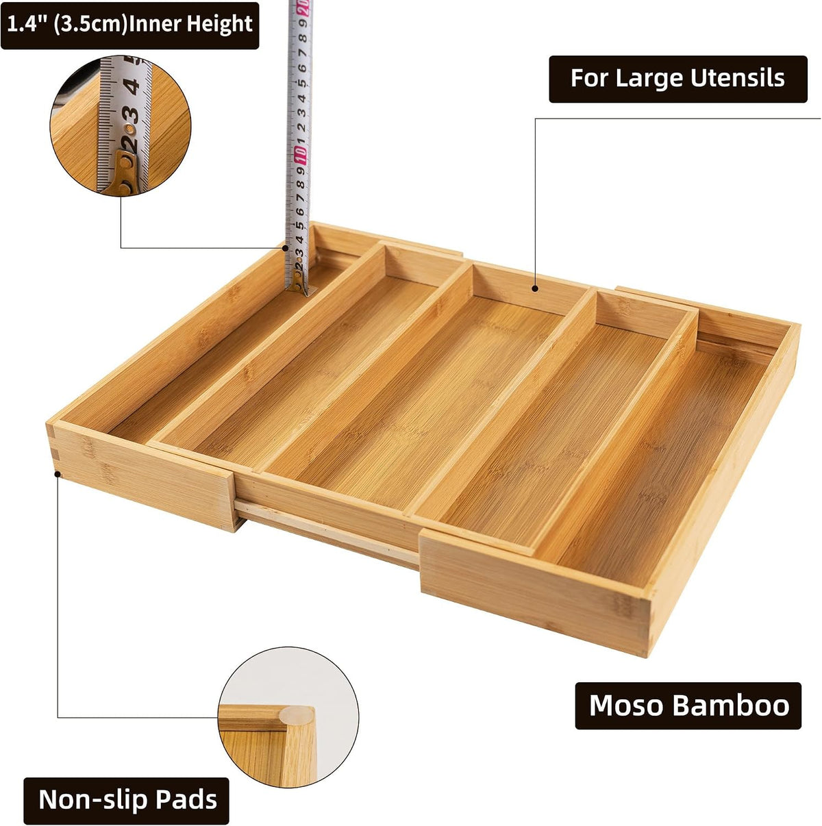 Bamboo Expandable Kitchen Drawer Organizer Silverware Utensil Tray