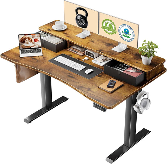 47.2"×27.6" Standing Desk with Storage Drawers, Adjustable Height Computer Table with Monitor Shelf, Home Office Desk for Study, Gaming, Workstation, Brown