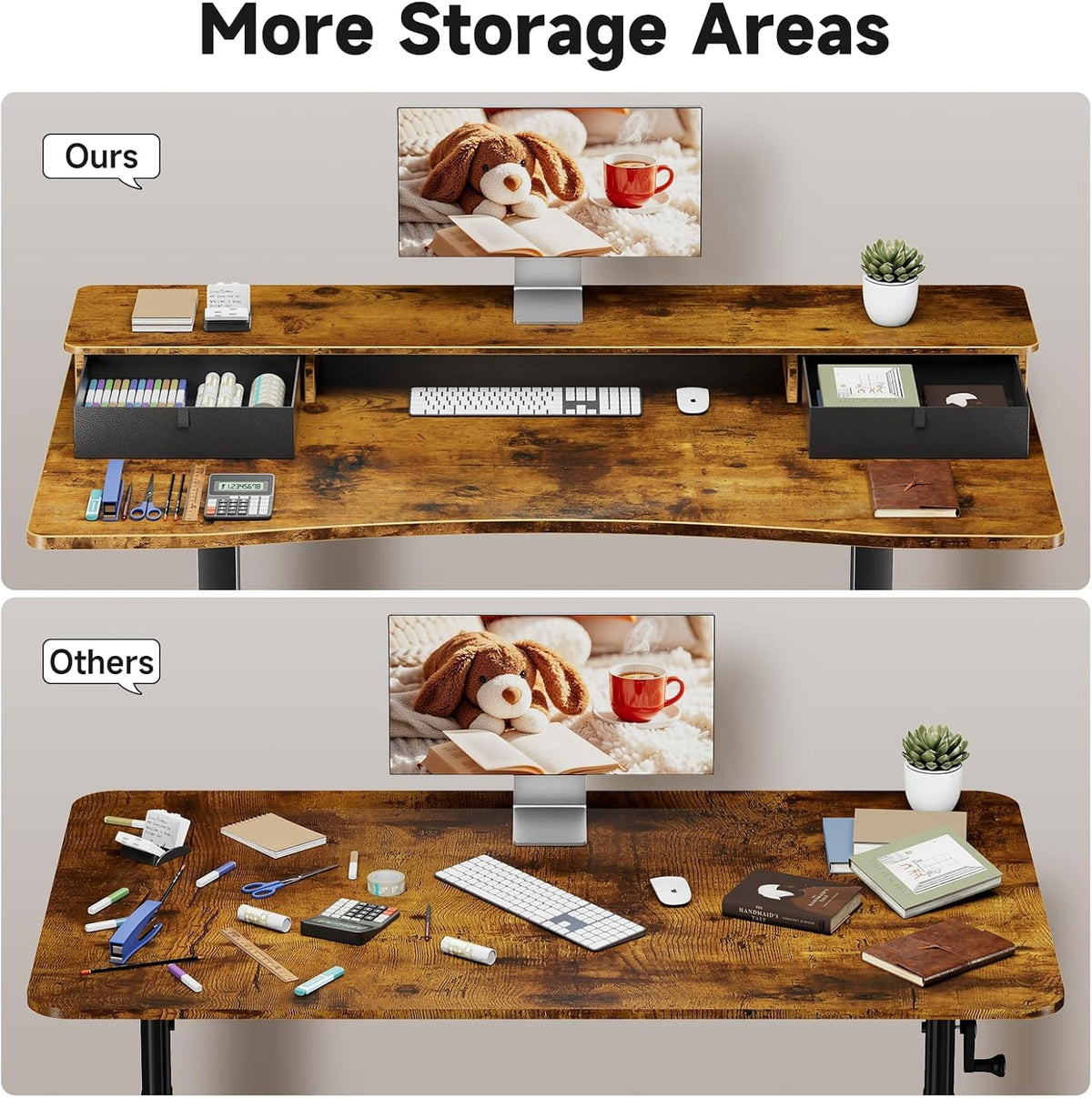 47.2"×27.6" Standing Desk with Storage Drawers, Adjustable Height Computer Table with Monitor Shelf, Home Office Desk for Study, Gaming, Workstation, Brown