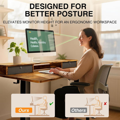 47.2"×27.6" Standing Desk with Storage Drawers, Adjustable Height Computer Table with Monitor Shelf, Home Office Desk for Study, Gaming, Workstation, Brown
