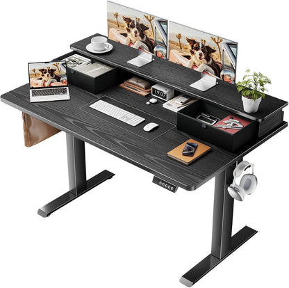47.2"×27.6" Standing Desk with Storage Drawers, Adjustable Height Computer Table with Monitor Shelf, Home Office Desk for Study, Gaming, Workstation, Brown