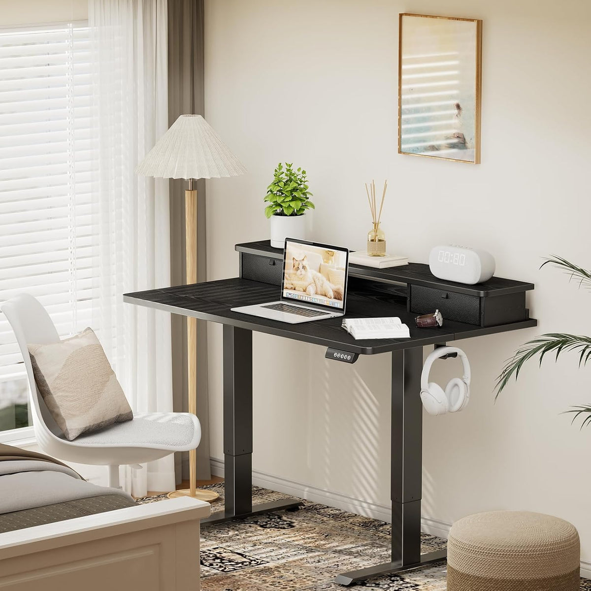 47.2"×27.6" Standing Desk with Storage Drawers, Adjustable Height Computer Table with Monitor Shelf, Home Office Desk for Study, Gaming, Workstation, Brown