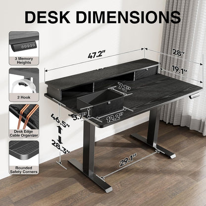 47.2"×27.6" Standing Desk with Storage Drawers, Adjustable Height Computer Table with Monitor Shelf, Home Office Desk for Study, Gaming, Workstation, Brown