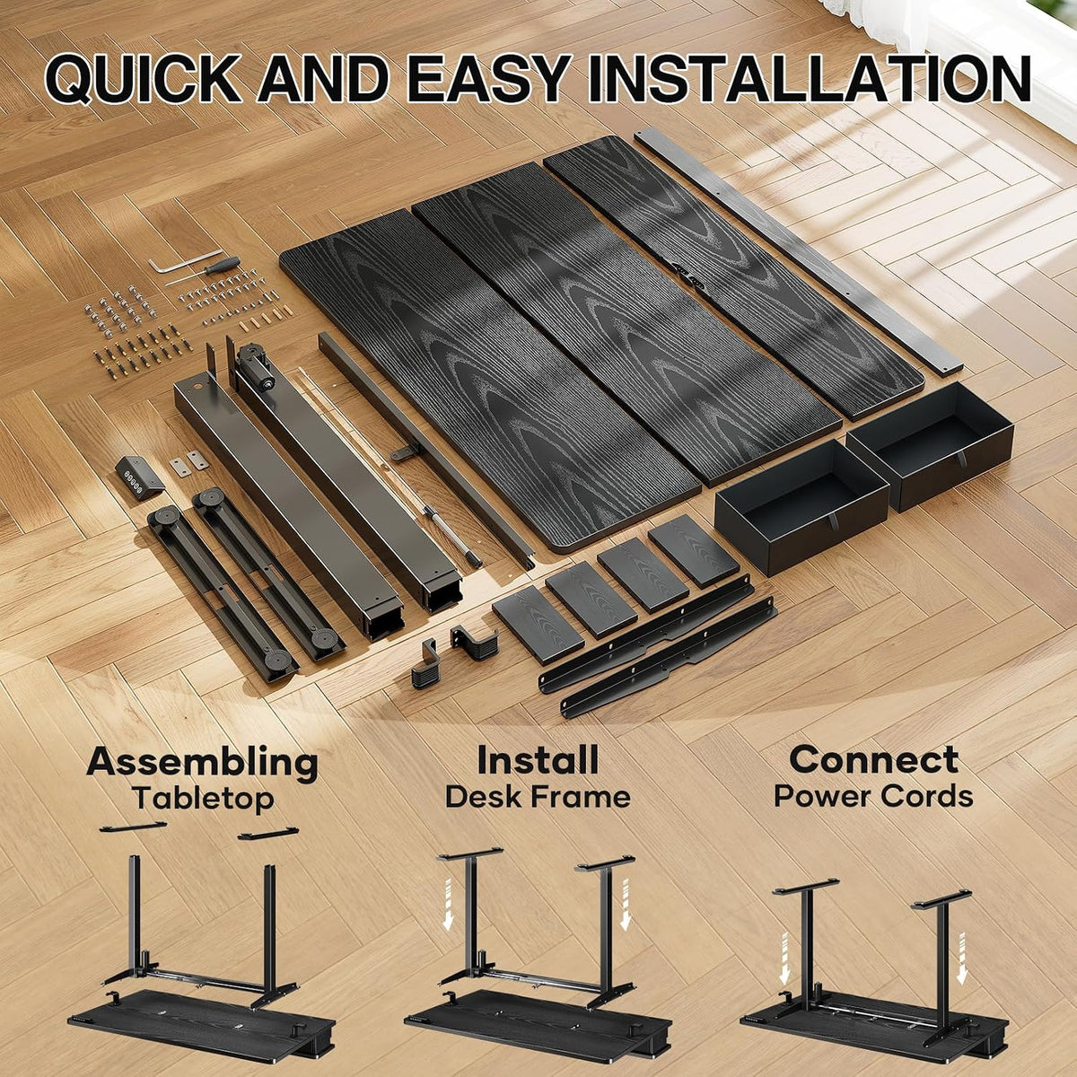 47.2"×27.6" Standing Desk with Storage Drawers, Adjustable Height Computer Table with Monitor Shelf, Home Office Desk for Study, Gaming, Workstation, Brown