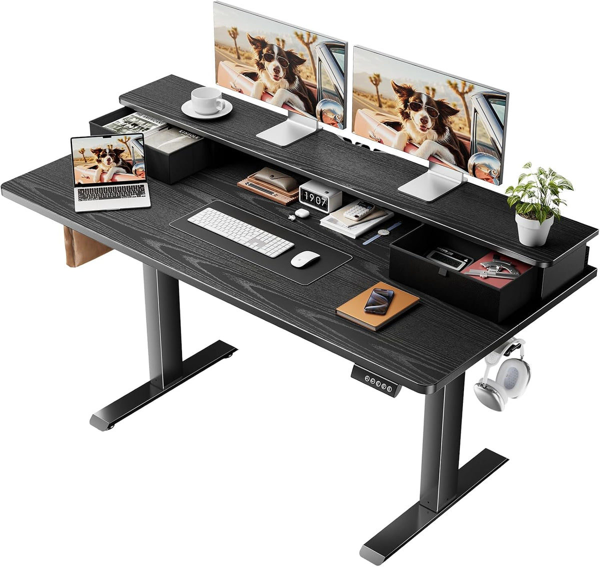 47.2"×27.6" Standing Desk with Storage Drawers, Adjustable Height Computer Table with Monitor Shelf, Home Office Desk for Study, Gaming, Workstation, Brown