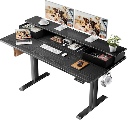 47.2"×27.6" Standing Desk with Storage Drawers, Adjustable Height Computer Table with Monitor Shelf, Home Office Desk for Study, Gaming, Workstation, Brown
