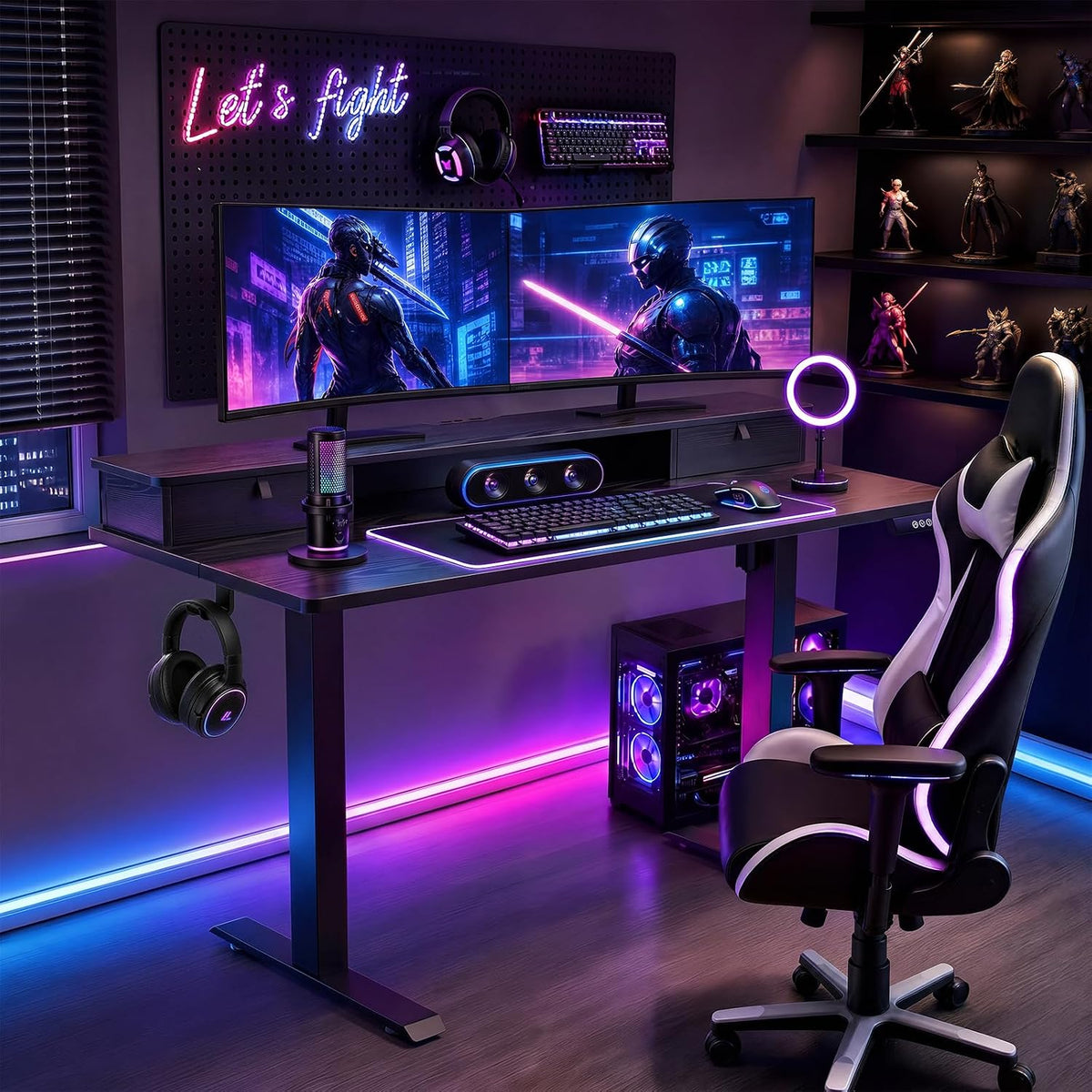 47.2"×27.6" Standing Desk with Storage Drawers, Adjustable Height Computer Table with Monitor Shelf, Home Office Desk for Study, Gaming, Workstation, Brown