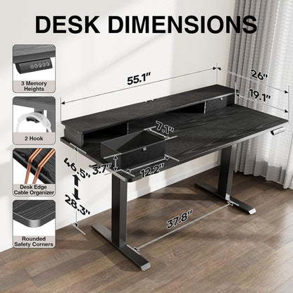 47.2"×27.6" Standing Desk with Storage Drawers, Adjustable Height Computer Table with Monitor Shelf, Home Office Desk for Study, Gaming, Workstation, Brown