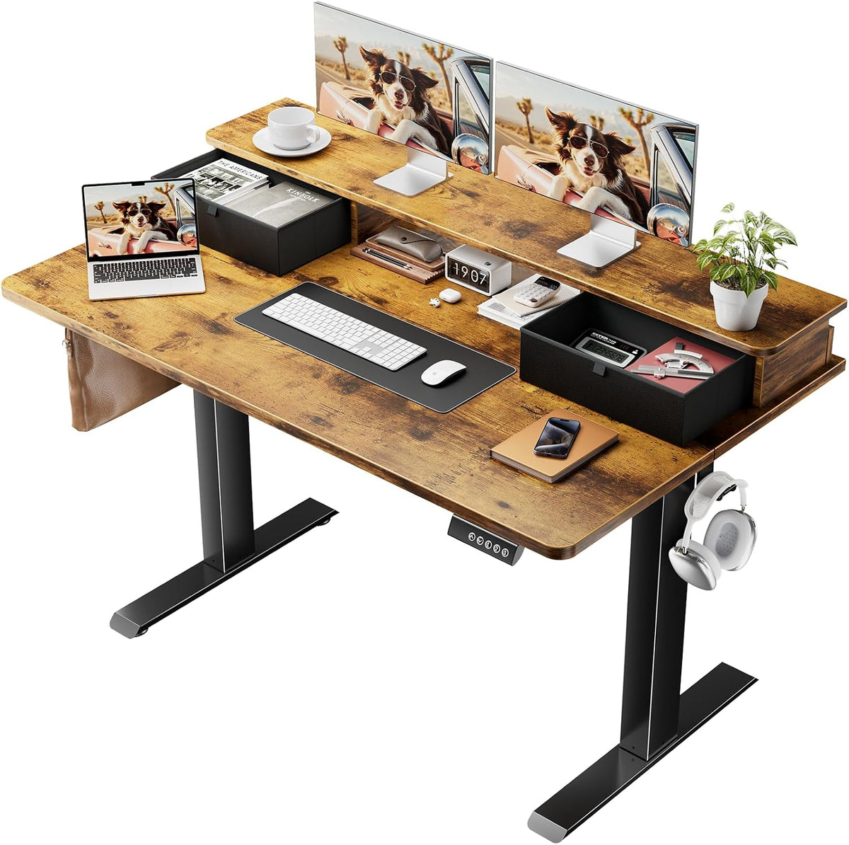 47.2"×27.6" Standing Desk with Storage Drawers, Adjustable Height Computer Table with Monitor Shelf, Home Office Desk for Study, Gaming, Workstation, Brown