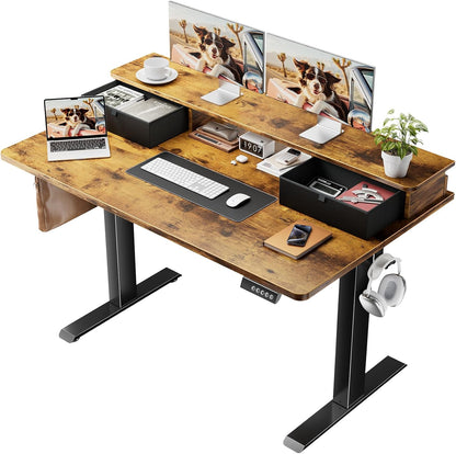 47.2"×27.6" Standing Desk with Storage Drawers, Adjustable Height Computer Table with Monitor Shelf, Home Office Desk for Study, Gaming, Workstation, Brown