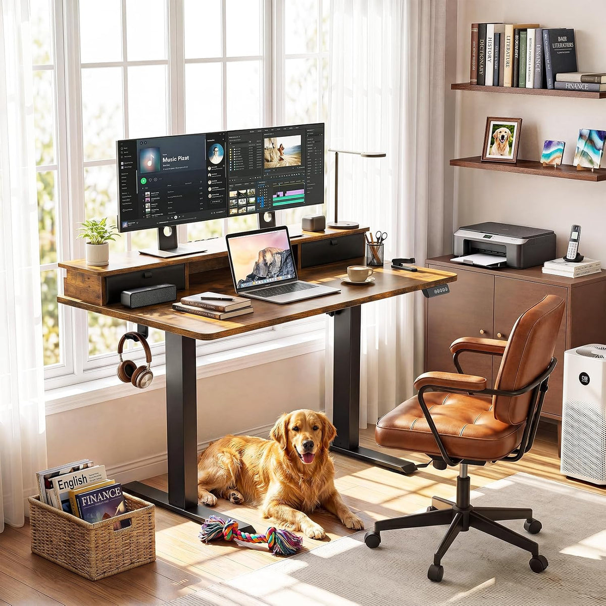 47.2"×27.6" Standing Desk with Storage Drawers, Adjustable Height Computer Table with Monitor Shelf, Home Office Desk for Study, Gaming, Workstation, Brown