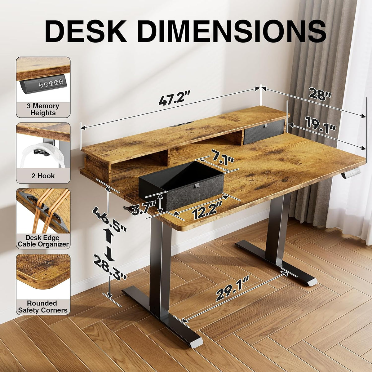 47.2"×27.6" Standing Desk with Storage Drawers, Adjustable Height Computer Table with Monitor Shelf, Home Office Desk for Study, Gaming, Workstation, Brown