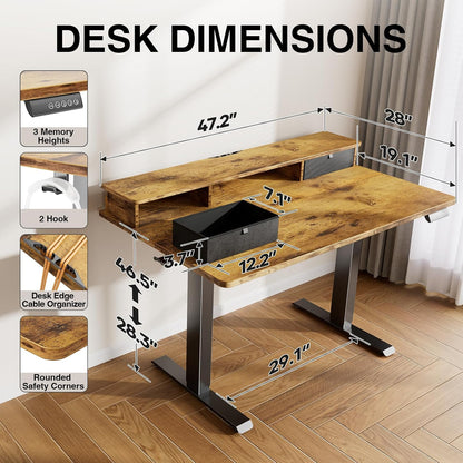 47.2"×27.6" Standing Desk with Storage Drawers, Adjustable Height Computer Table with Monitor Shelf, Home Office Desk for Study, Gaming, Workstation, Brown