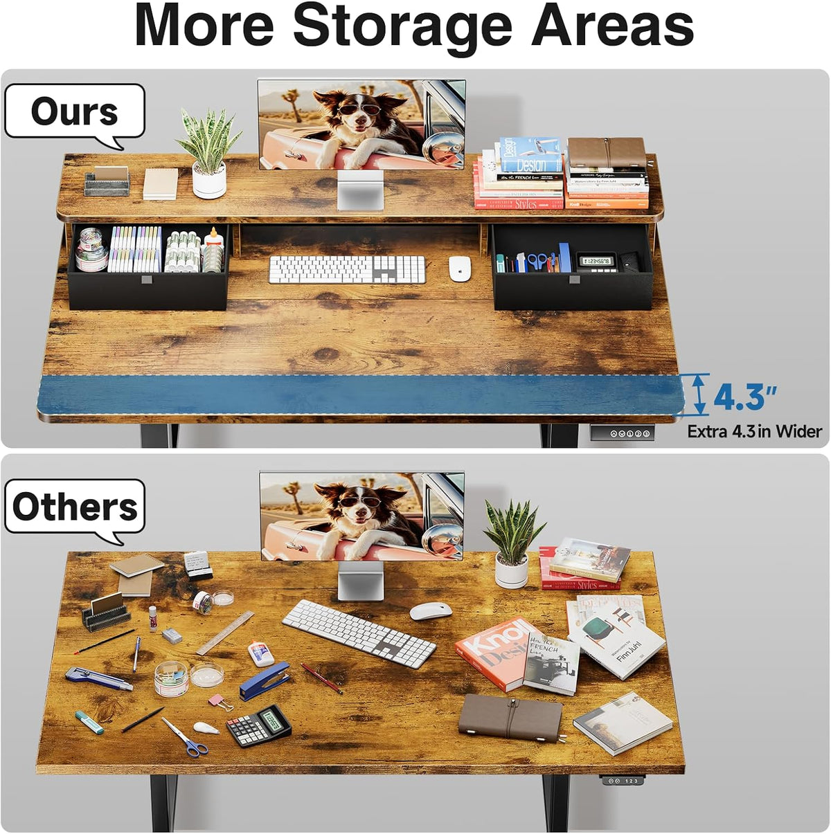 47.2"×27.6" Standing Desk with Storage Drawers, Adjustable Height Computer Table with Monitor Shelf, Home Office Desk for Study, Gaming, Workstation, Brown