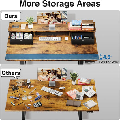 47.2"×27.6" Standing Desk with Storage Drawers, Adjustable Height Computer Table with Monitor Shelf, Home Office Desk for Study, Gaming, Workstation, Brown