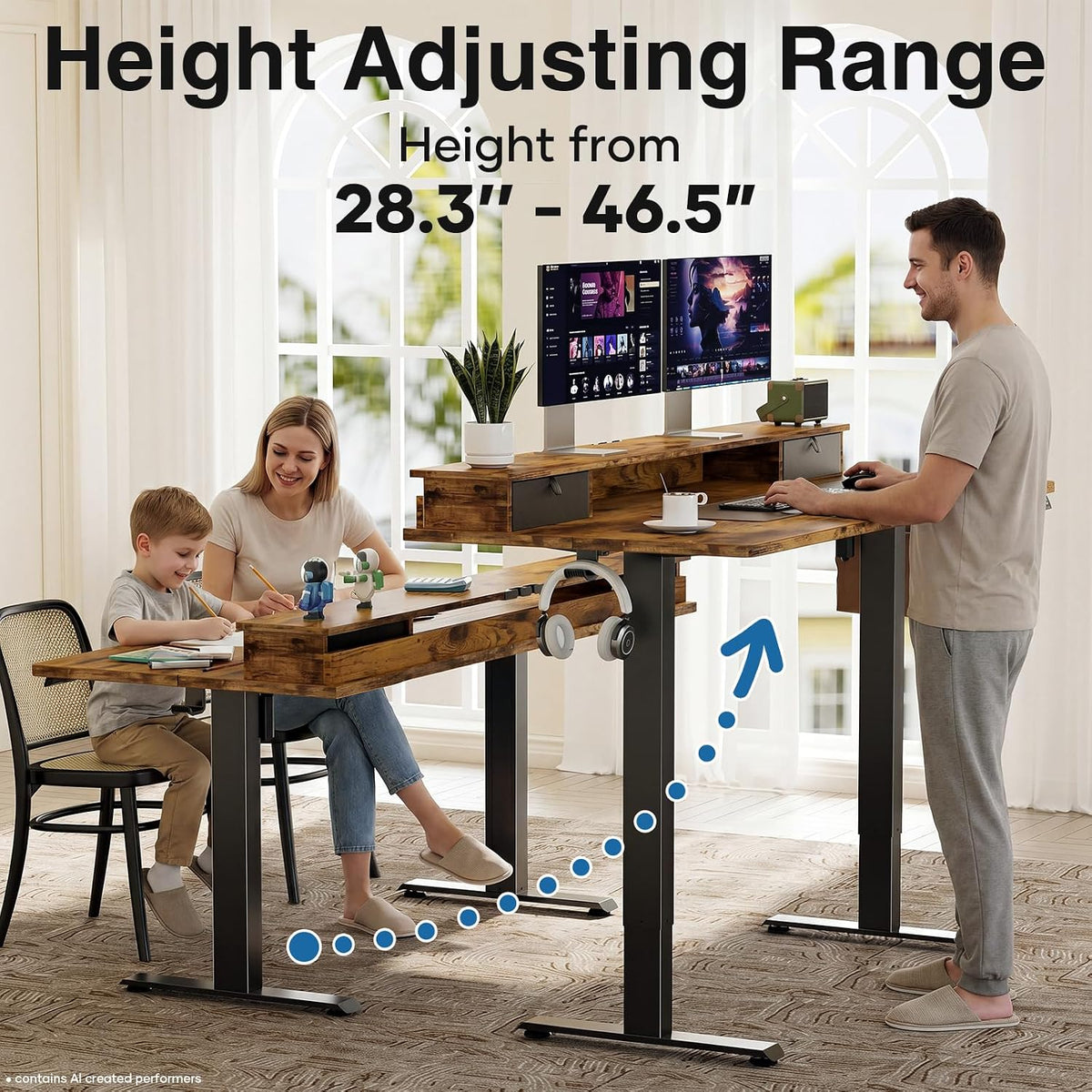 47.2"×27.6" Standing Desk with Storage Drawers, Adjustable Height Computer Table with Monitor Shelf, Home Office Desk for Study, Gaming, Workstation, Brown