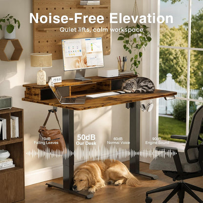 47.2"×27.6" Standing Desk with Storage Drawers, Adjustable Height Computer Table with Monitor Shelf, Home Office Desk for Study, Gaming, Workstation, Brown