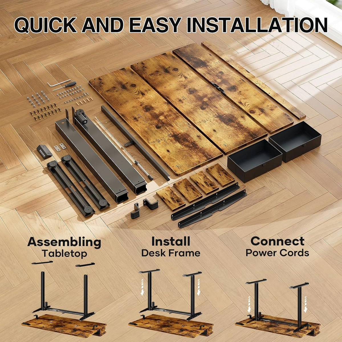 47.2"×27.6" Standing Desk with Storage Drawers, Adjustable Height Computer Table with Monitor Shelf, Home Office Desk for Study, Gaming, Workstation, Brown