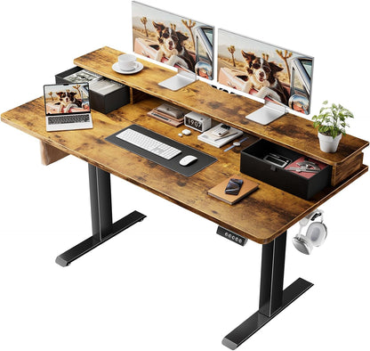 47.2"×27.6" Standing Desk with Storage Drawers, Adjustable Height Computer Table with Monitor Shelf, Home Office Desk for Study, Gaming, Workstation, Brown