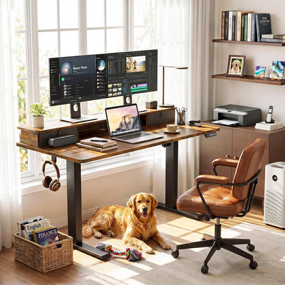 47.2"×27.6" Standing Desk with Storage Drawers, Adjustable Height Computer Table with Monitor Shelf, Home Office Desk for Study, Gaming, Workstation, Brown