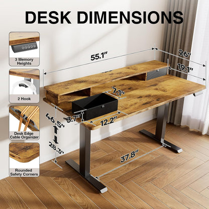 47.2"×27.6" Standing Desk with Storage Drawers, Adjustable Height Computer Table with Monitor Shelf, Home Office Desk for Study, Gaming, Workstation, Brown