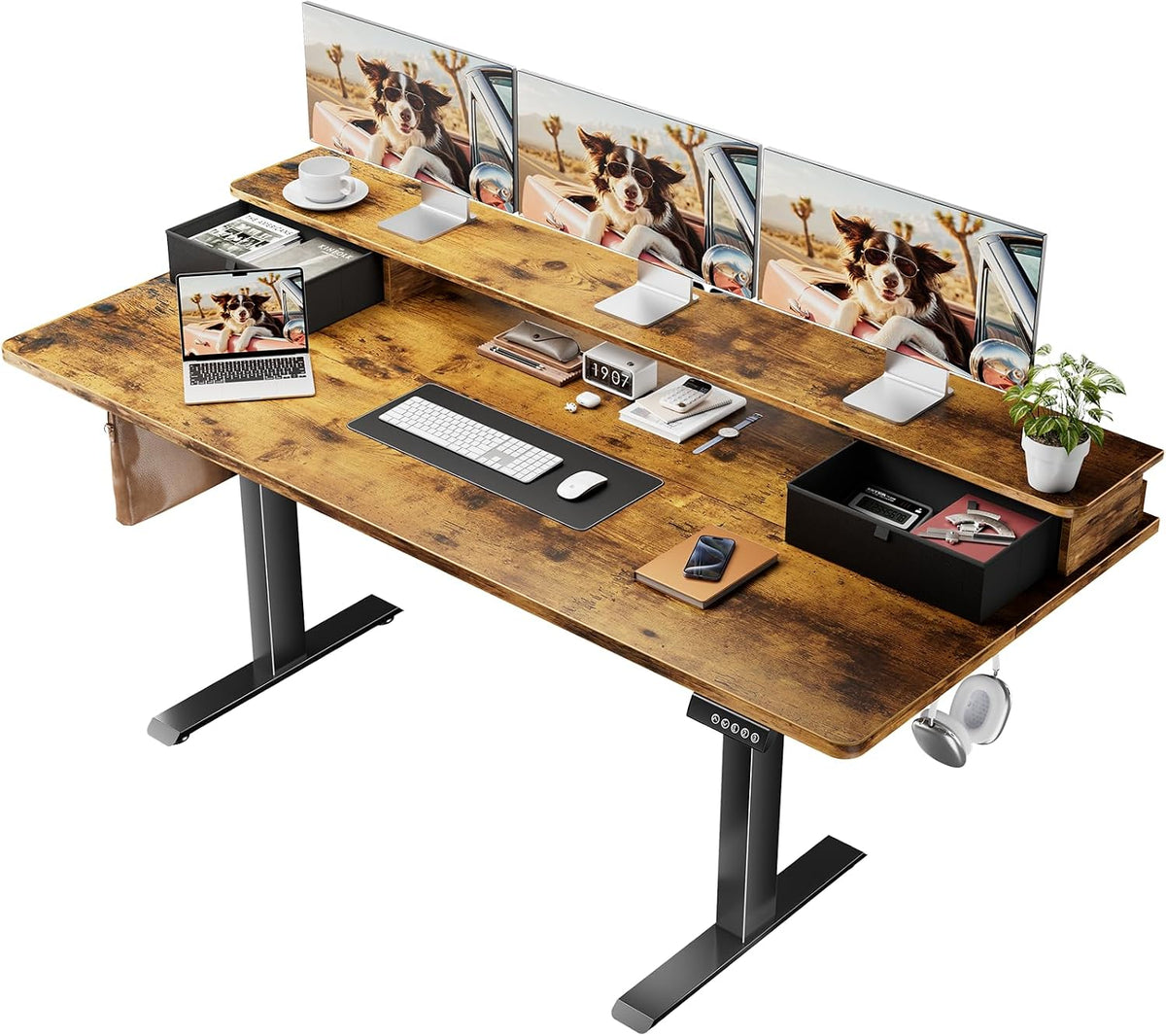 47.2"×27.6" Standing Desk with Storage Drawers, Adjustable Height Computer Table with Monitor Shelf, Home Office Desk for Study, Gaming, Workstation, Brown