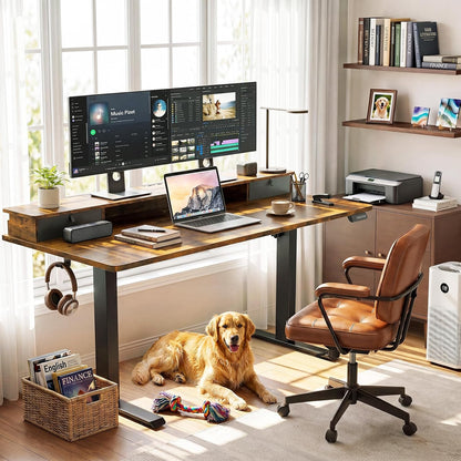 47.2"×27.6" Standing Desk with Storage Drawers, Adjustable Height Computer Table with Monitor Shelf, Home Office Desk for Study, Gaming, Workstation, Brown