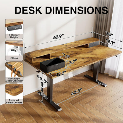 47.2"×27.6" Standing Desk with Storage Drawers, Adjustable Height Computer Table with Monitor Shelf, Home Office Desk for Study, Gaming, Workstation, Brown