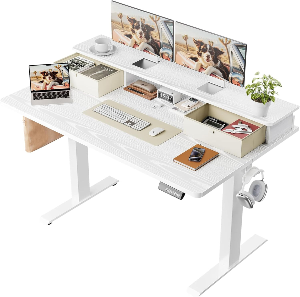 47.2"×27.6" Standing Desk with Storage Drawers, Adjustable Height Computer Table with Monitor Shelf, Home Office Desk for Study, Gaming, Workstation, Brown