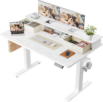 47.2"×27.6" Standing Desk with Storage Drawers, Adjustable Height Computer Table with Monitor Shelf, Home Office Desk for Study, Gaming, Workstation, Brown