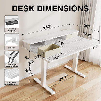 47.2"×27.6" Standing Desk with Storage Drawers, Adjustable Height Computer Table with Monitor Shelf, Home Office Desk for Study, Gaming, Workstation, Brown