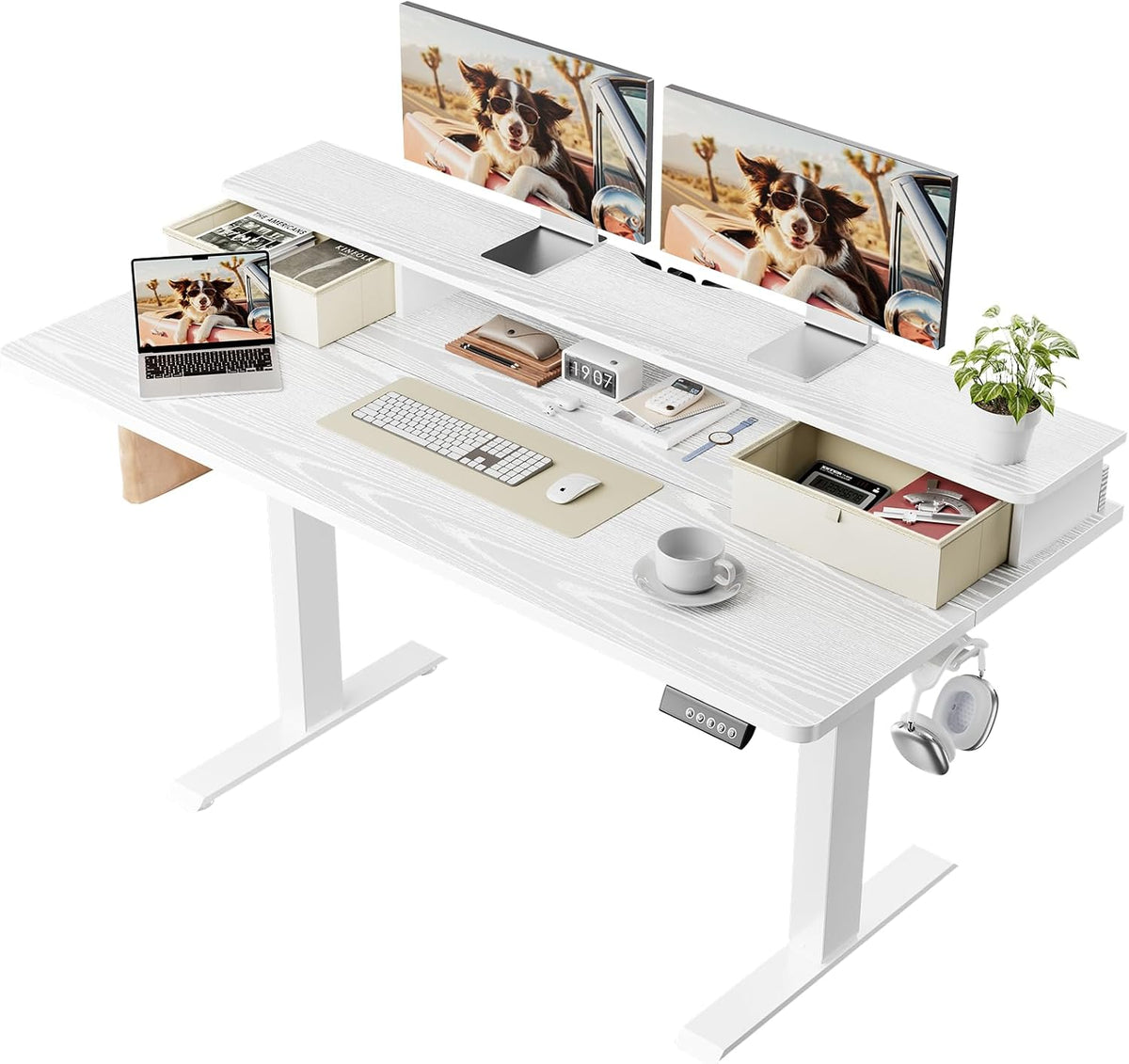 47.2"×27.6" Standing Desk with Storage Drawers, Adjustable Height Computer Table with Monitor Shelf, Home Office Desk for Study, Gaming, Workstation, Brown