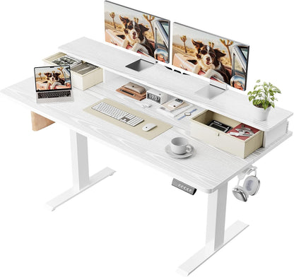 47.2"×27.6" Standing Desk with Storage Drawers, Adjustable Height Computer Table with Monitor Shelf, Home Office Desk for Study, Gaming, Workstation, Brown