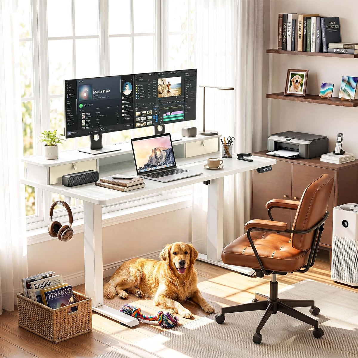 47.2"×27.6" Standing Desk with Storage Drawers, Adjustable Height Computer Table with Monitor Shelf, Home Office Desk for Study, Gaming, Workstation, Brown