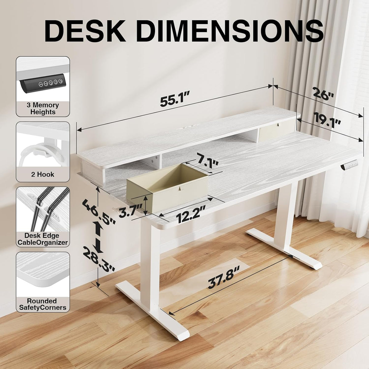 47.2"×27.6" Standing Desk with Storage Drawers, Adjustable Height Computer Table with Monitor Shelf, Home Office Desk for Study, Gaming, Workstation, Brown