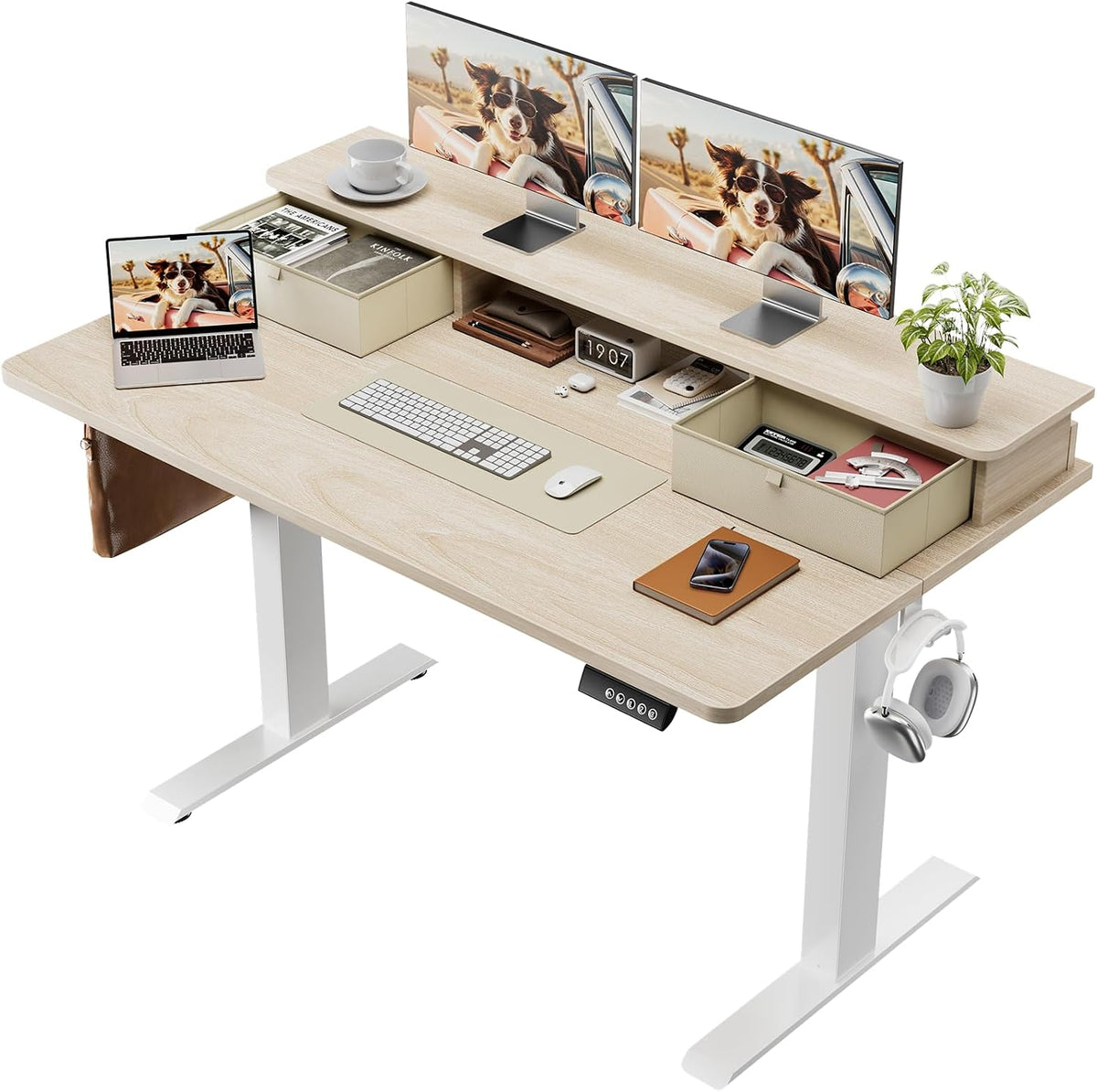 47.2"×27.6" Standing Desk with Storage Drawers, Adjustable Height Computer Table with Monitor Shelf, Home Office Desk for Study, Gaming, Workstation, Brown