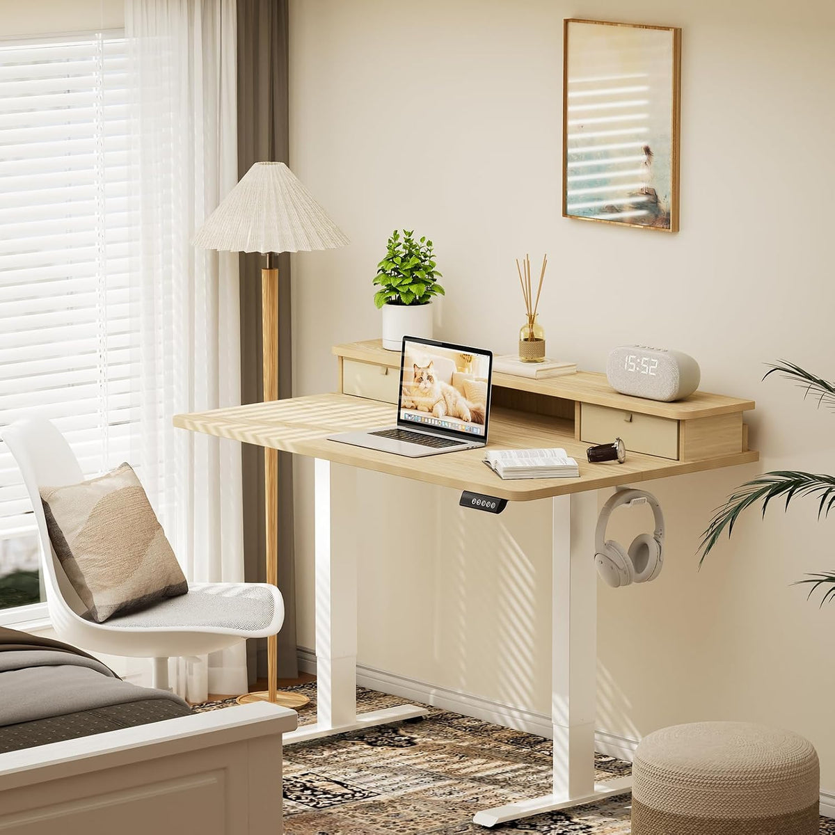 47.2"×27.6" Standing Desk with Storage Drawers, Adjustable Height Computer Table with Monitor Shelf, Home Office Desk for Study, Gaming, Workstation, Brown