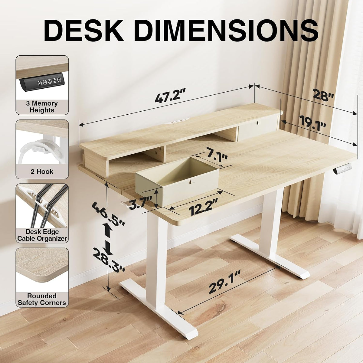 47.2"×27.6" Standing Desk with Storage Drawers, Adjustable Height Computer Table with Monitor Shelf, Home Office Desk for Study, Gaming, Workstation, Brown